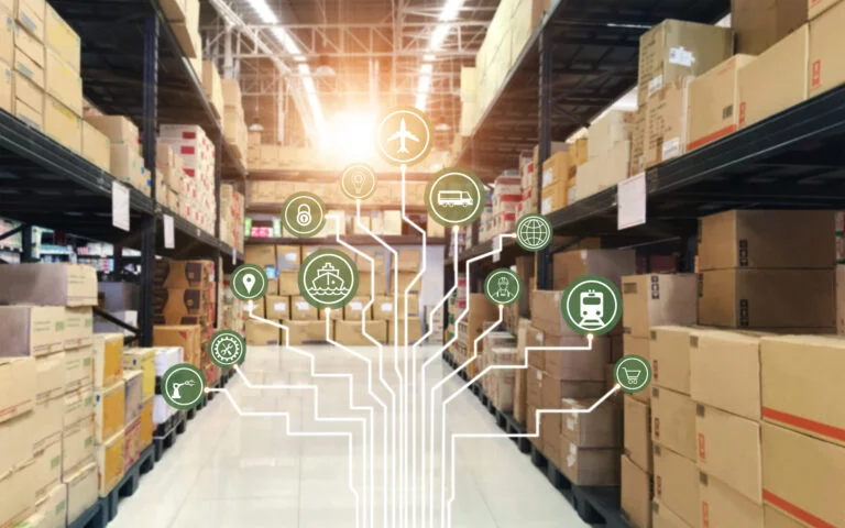 Logistics network Wholesale and Retail. Icon of marketing and process channels transport and logistic on warehouse background.